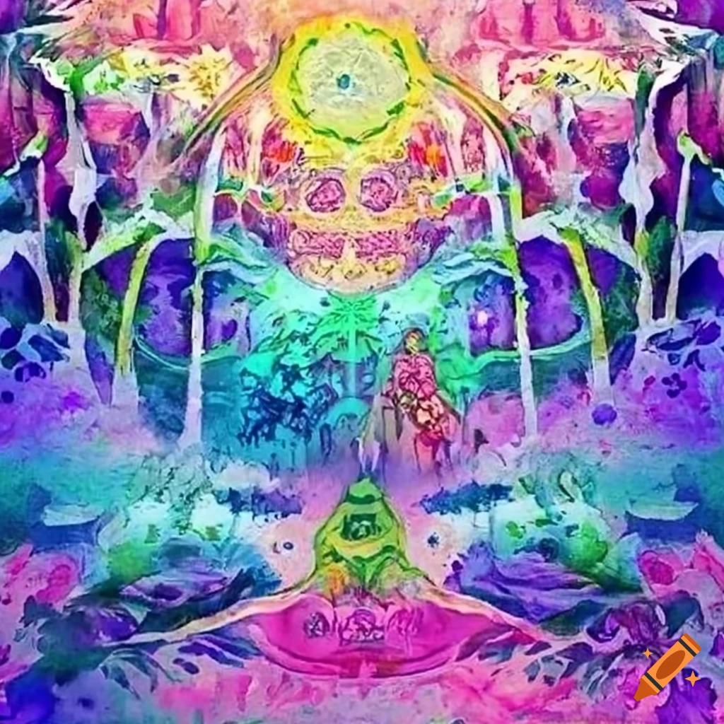 Sacred path with three people walking in the forest with animals watching, by Alex Grey, Andre Lima Carvalho, and Pablo Amaringo, illustrative visionary art