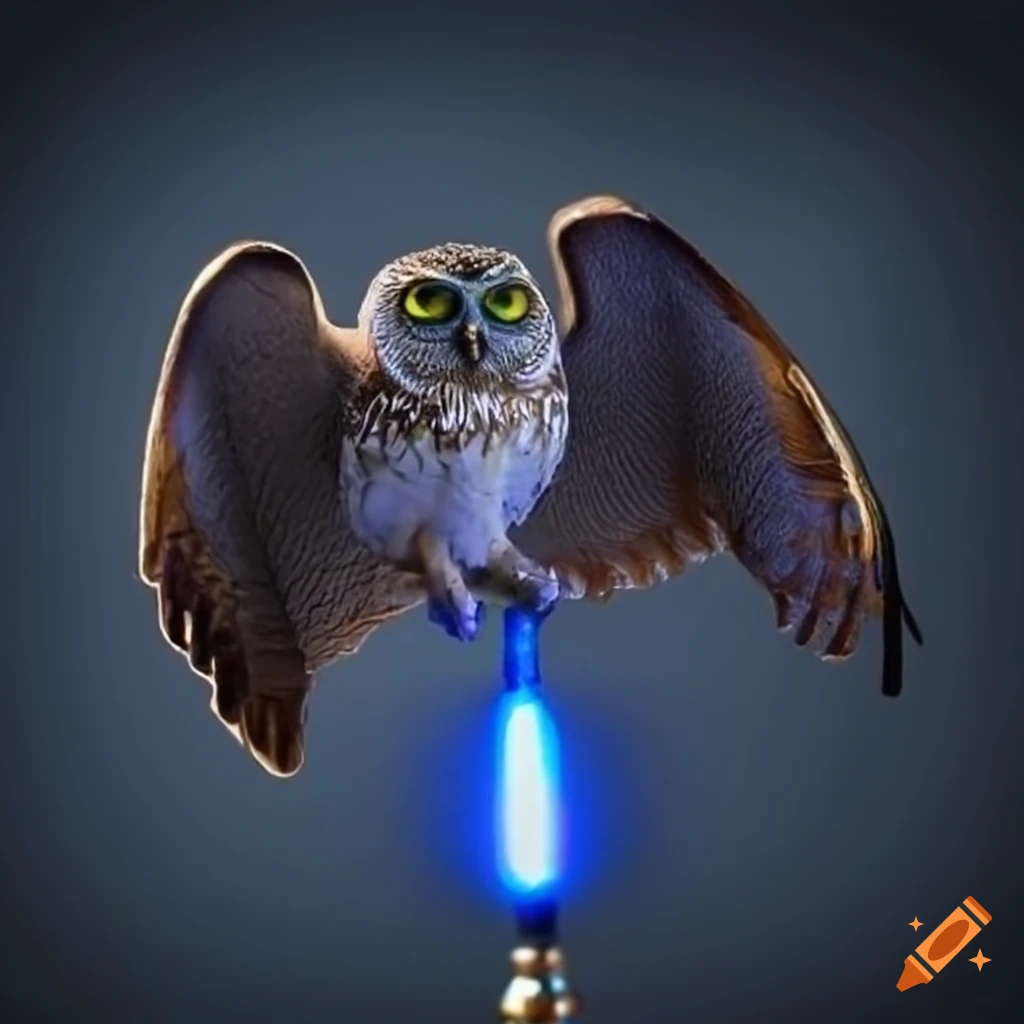 Owl giving Blue a magic mace with inexhaustible light in a fantasy setting
