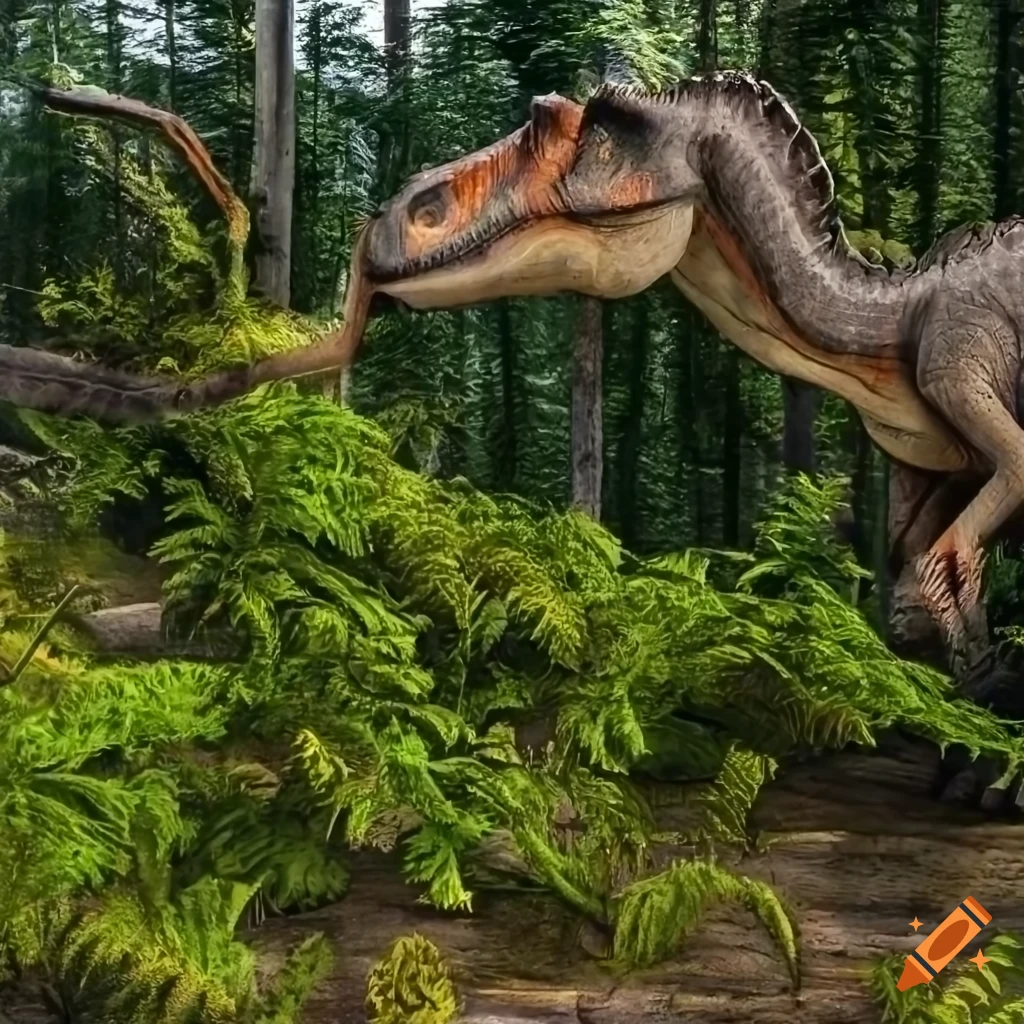 Hadrosaurus dinosaurs in a fern-covered clearing in warm morning light