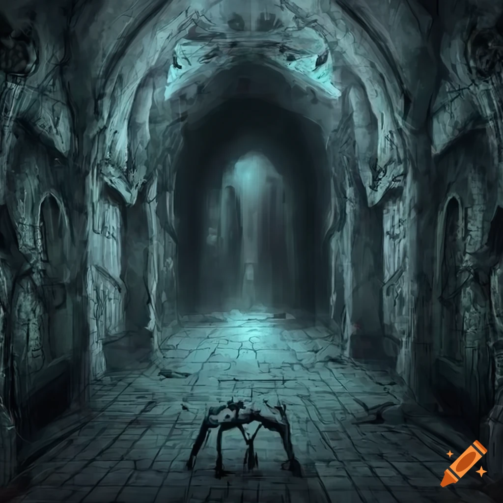 Dark fantasy dungeon hallway with a torch on the wall in digital art