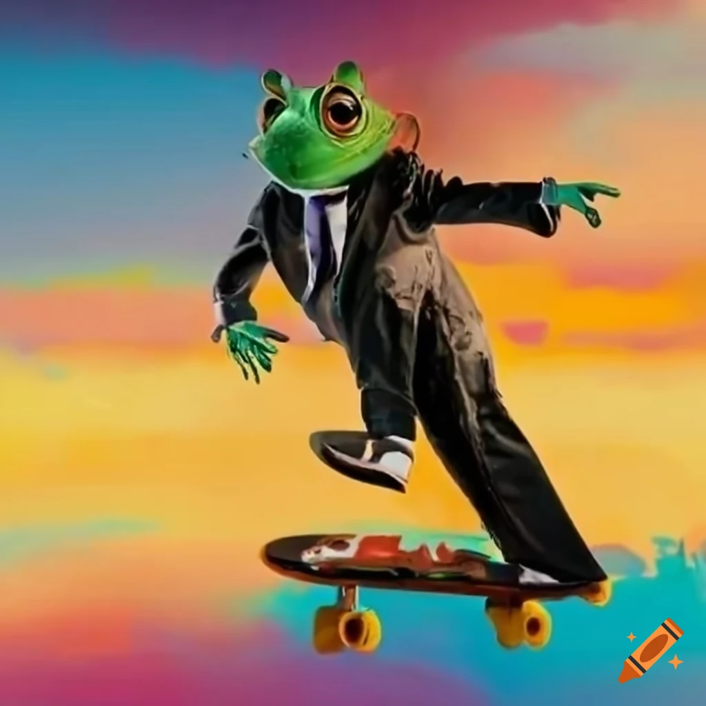 Frog-headed man in a suit skateboarding with flying cows in a surreal art style