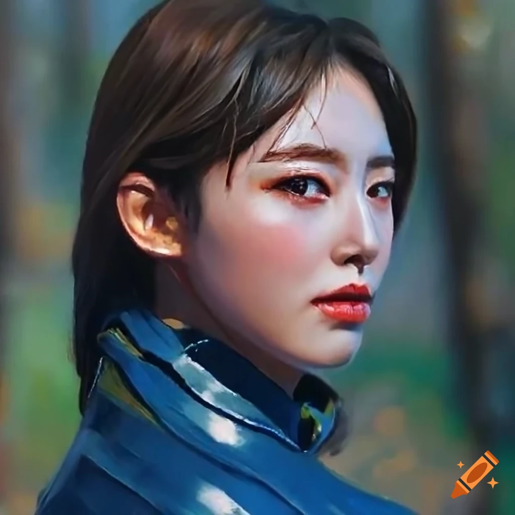 Portrait of Korean idol actress in blue leather vault-suit in blooming forest