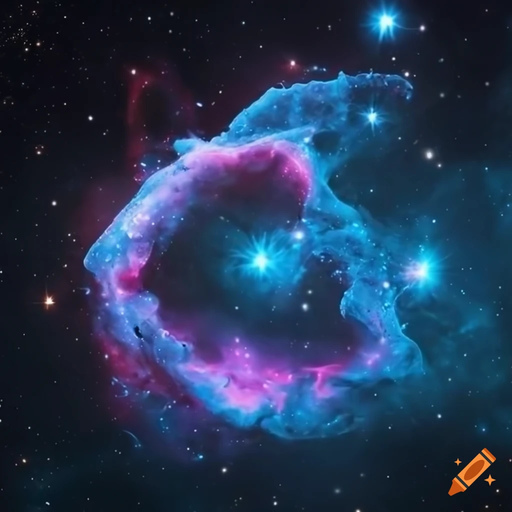 Silver cyberpunk-style M57 nebula transformed into an irregular butterfly surrounded by stardust and galaxy details