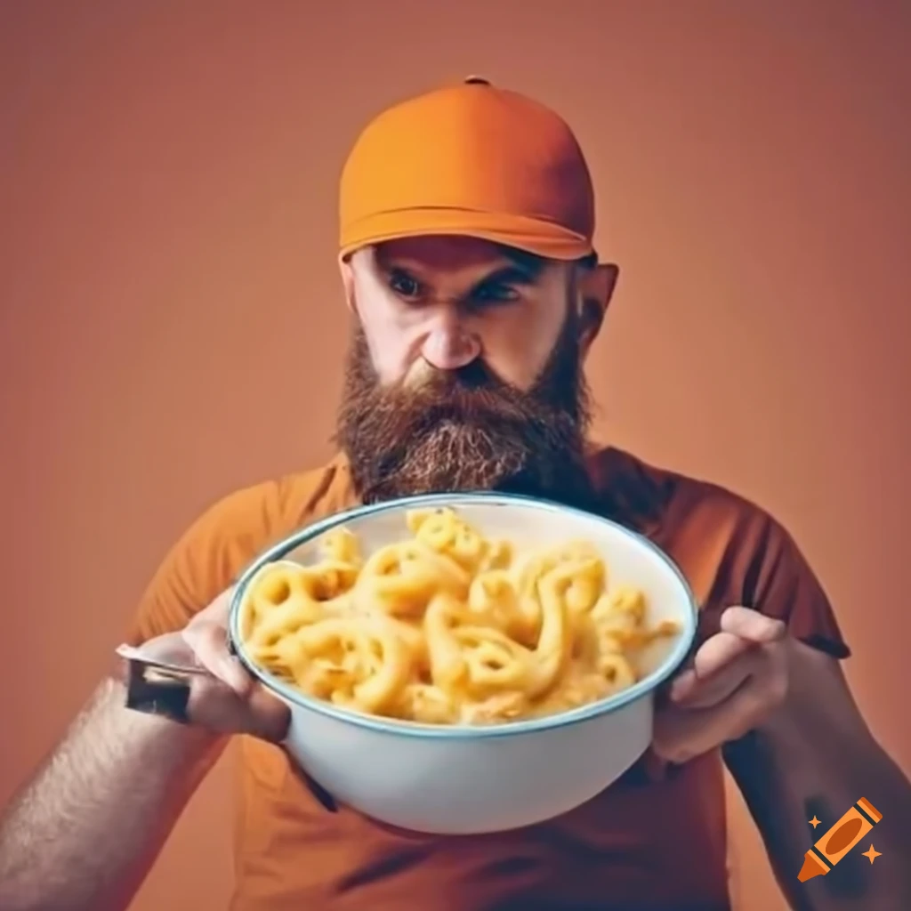 Man in orange cap and shirt holding a bowl of mac and cheese