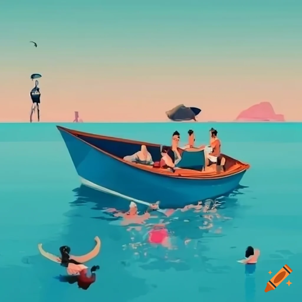 Boat with people and individuals outside drowning asking for help