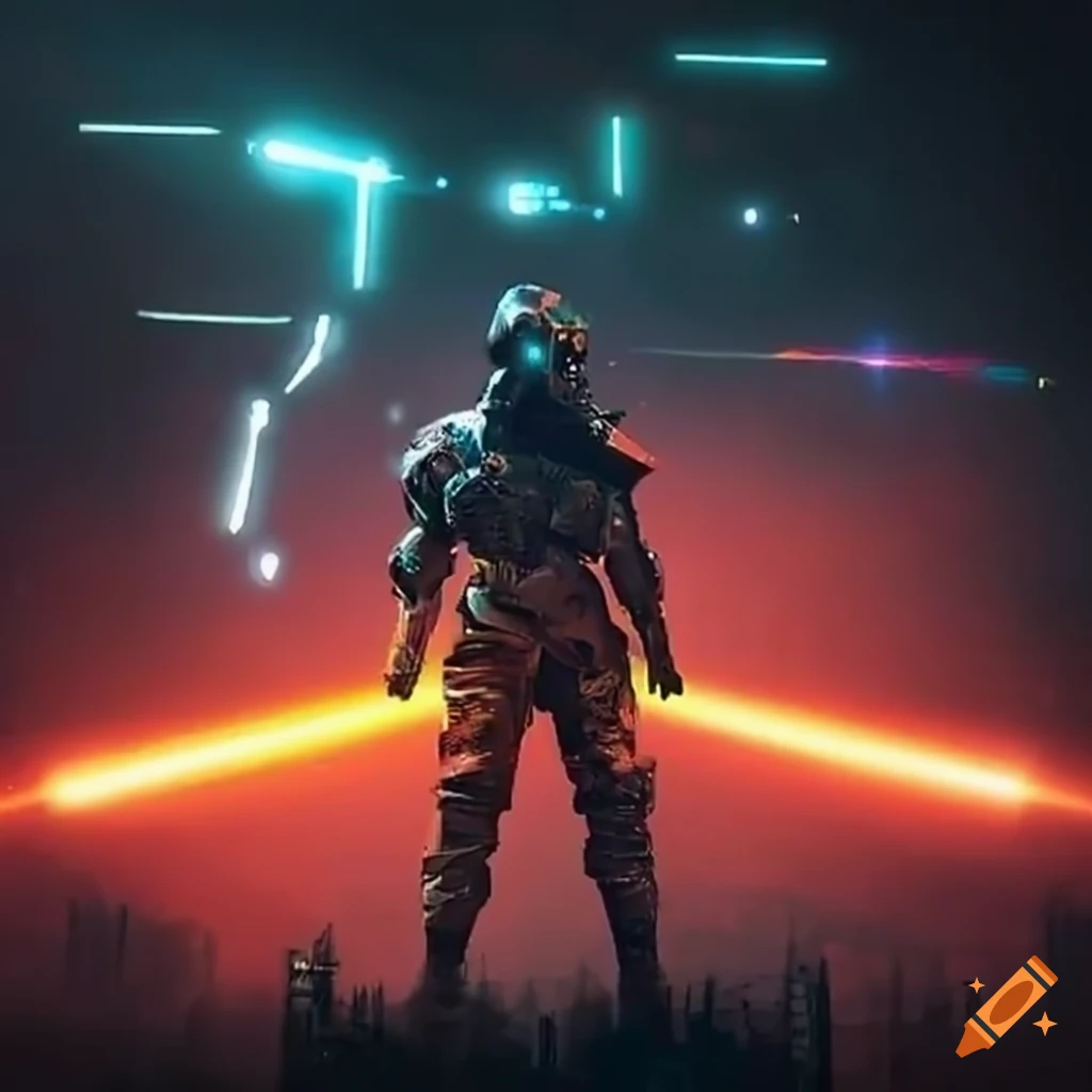 Futuristic battlefield with crowd fighting with lasers