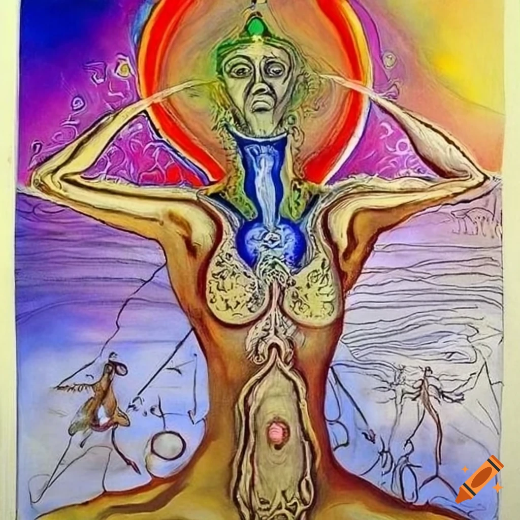 Sacred path with three people walking, sky, forest, and animals watching, inspired by various artists