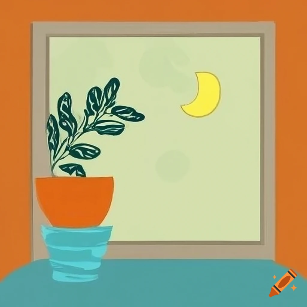 Artistic depiction of an orange blossom flower in a pot with a view of the moon through a wooden window