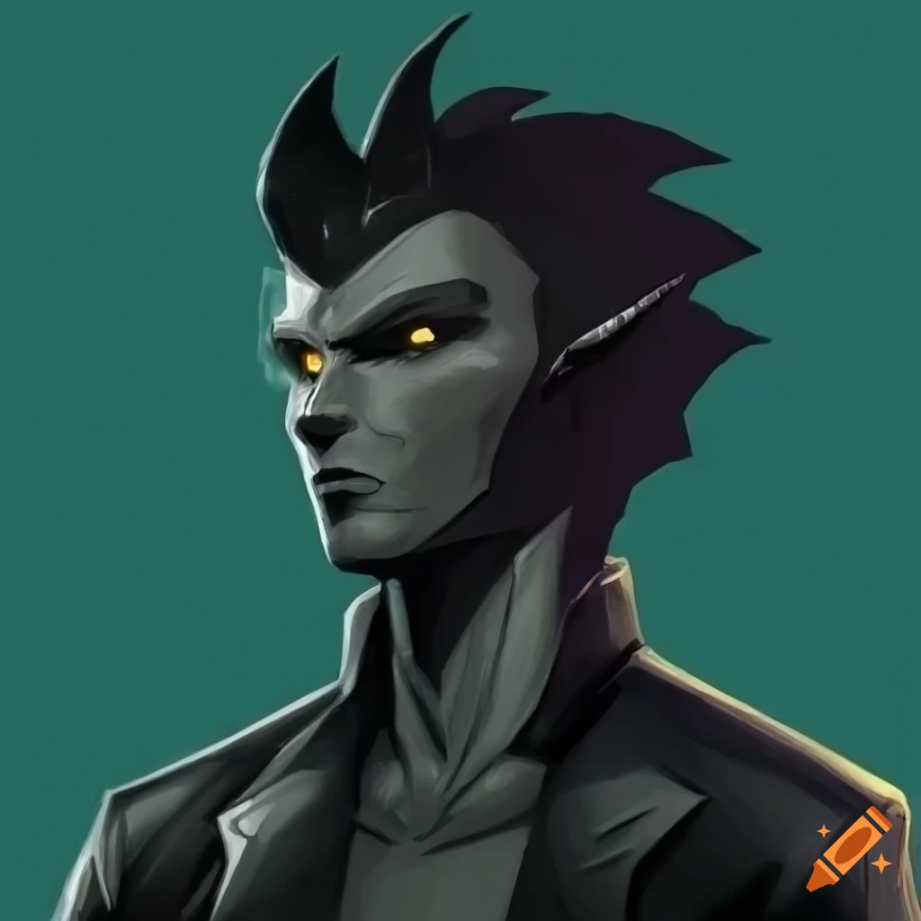 Edjek the handsome reptilian humanoid with black hair and jacket