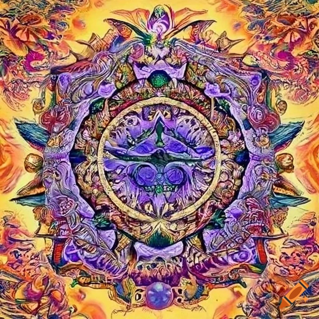 Sacred path with three people walking in the forest with animals watching, by Alex Grey, Andre Lima Carvalho, and Pablo Amaringo, illustrative visionary art