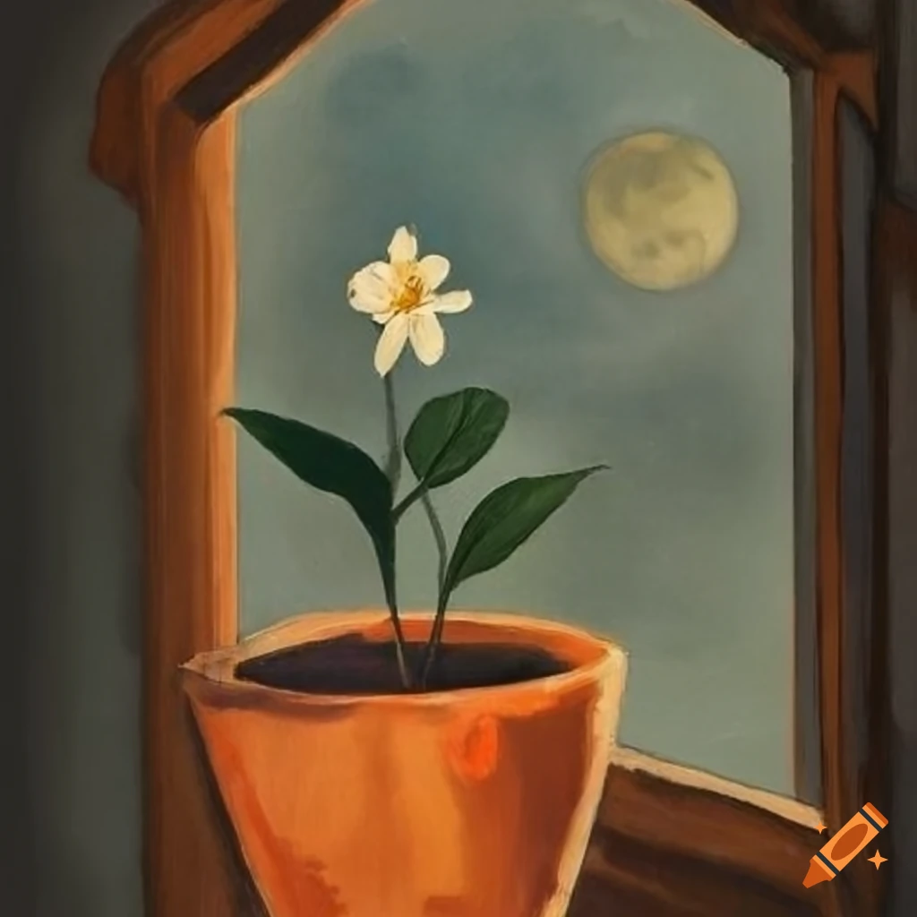 Artistic depiction of an orange blossom flower in a pot with a view of the moon through a wooden window