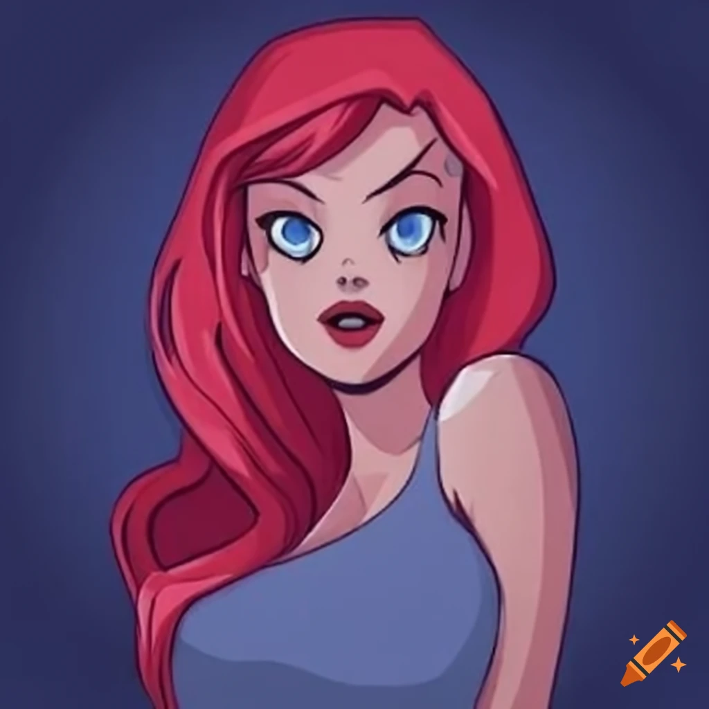 Character inspired by Batman animated series with red hair and ice-blue eyes in dark gray sleeveless shirt