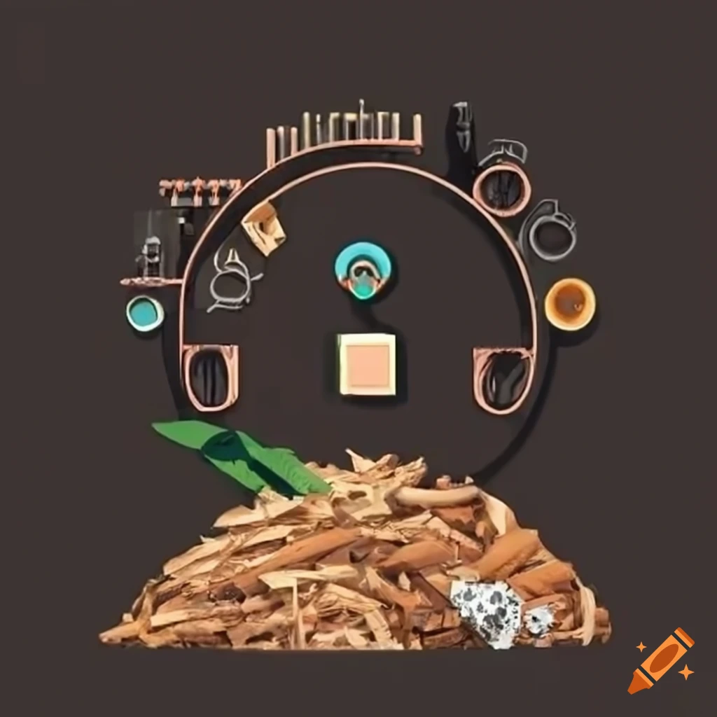 Infographic diagram illustrating biomass and waste conversion process into chemicals, materials, and fuels with circular layout