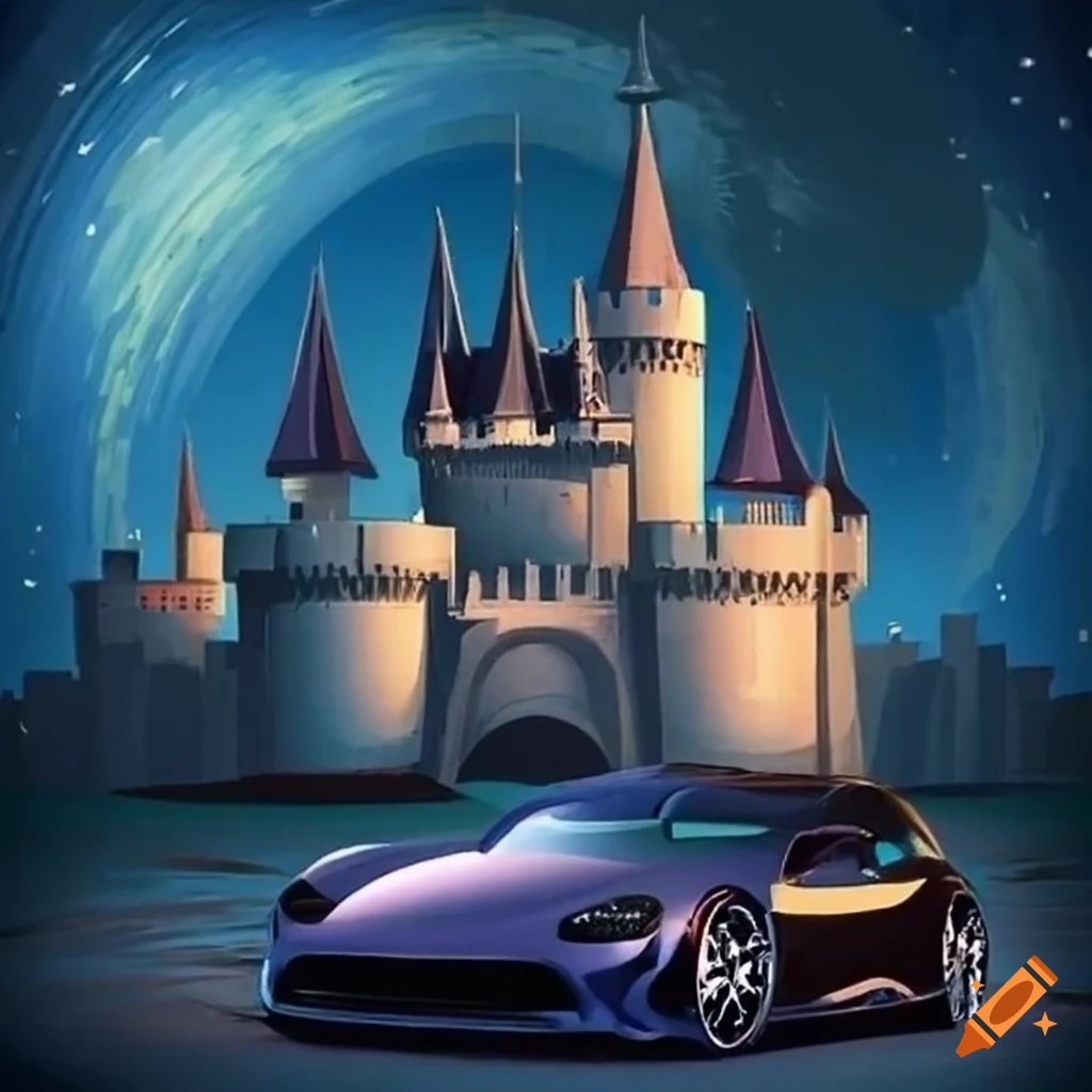 Castle and sports car under a starry night sky