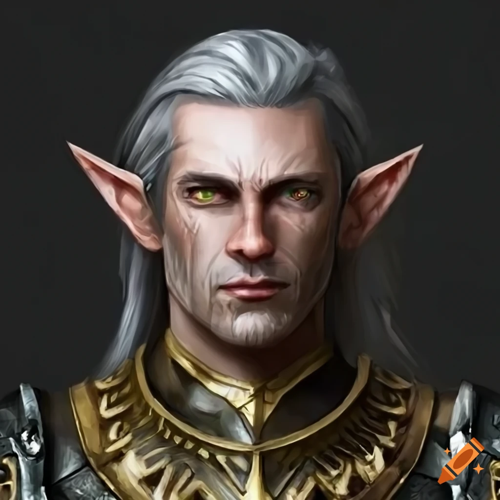Serious, well-armored elf lord with graying hair at the temples