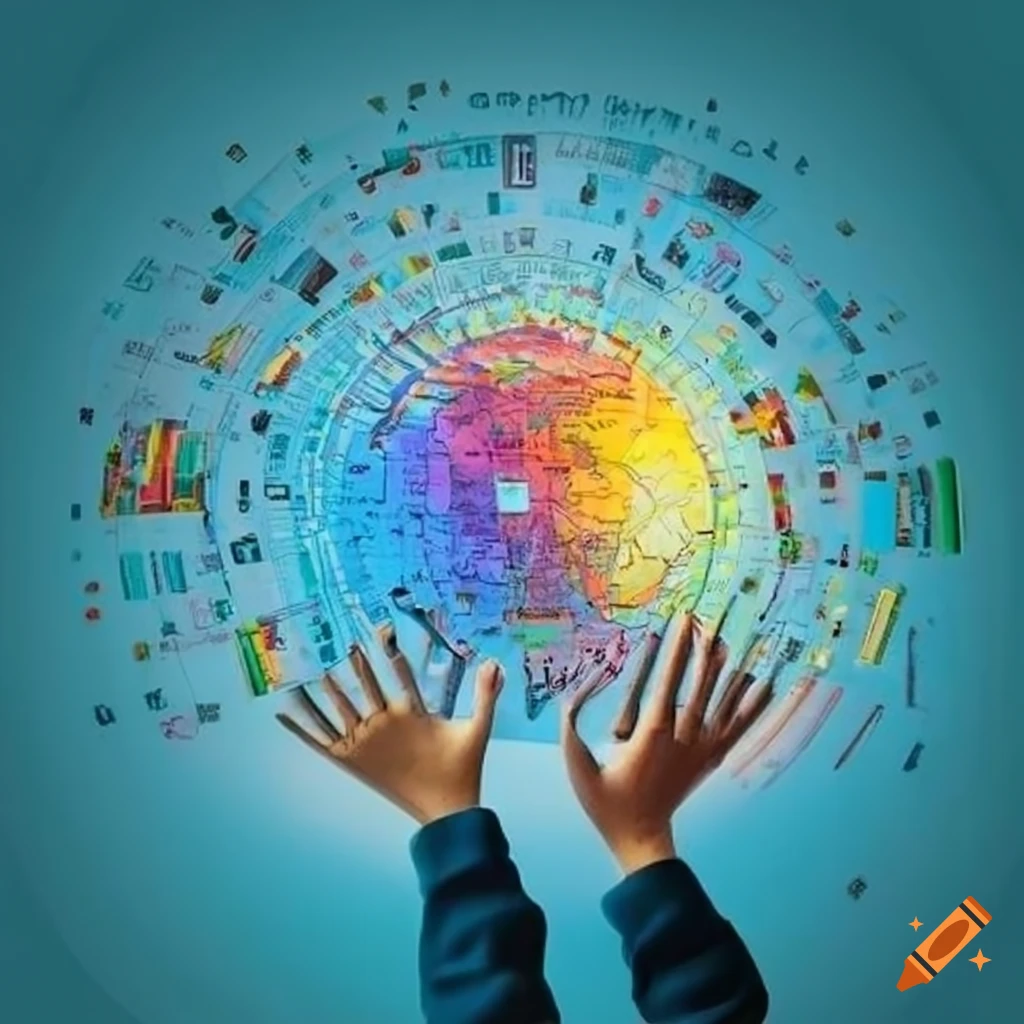 Map of the stars combined with images of education and students learning various subjects