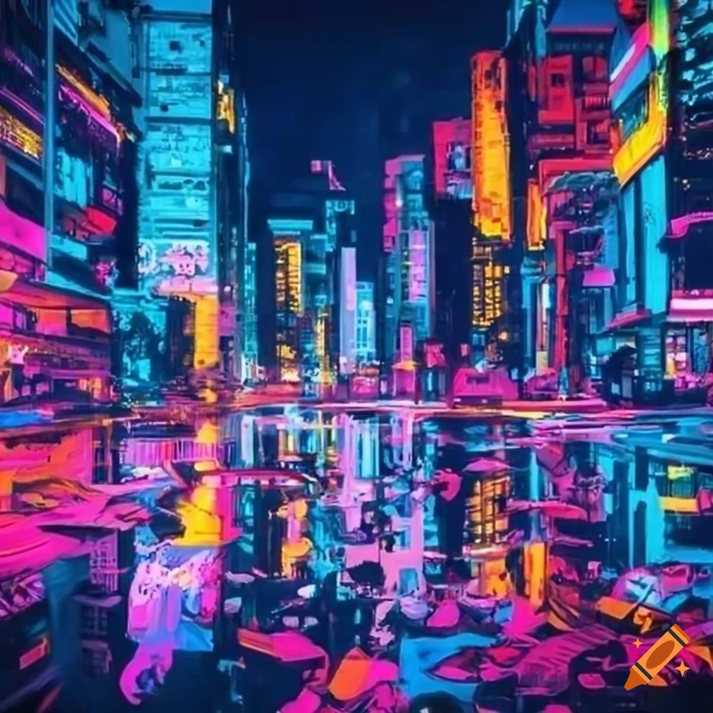 Vibrant and colorful neon cityscape at night
