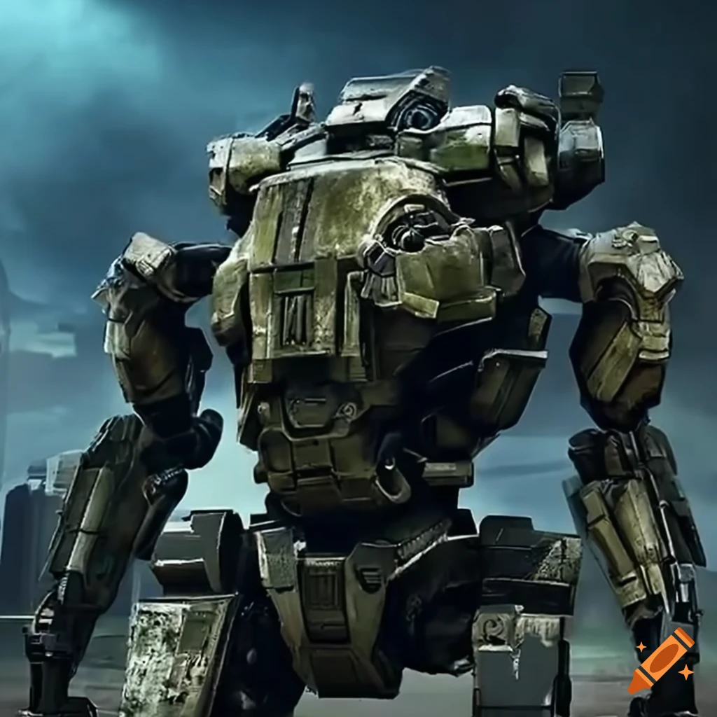 Giant mech using energy shield in urban warfare