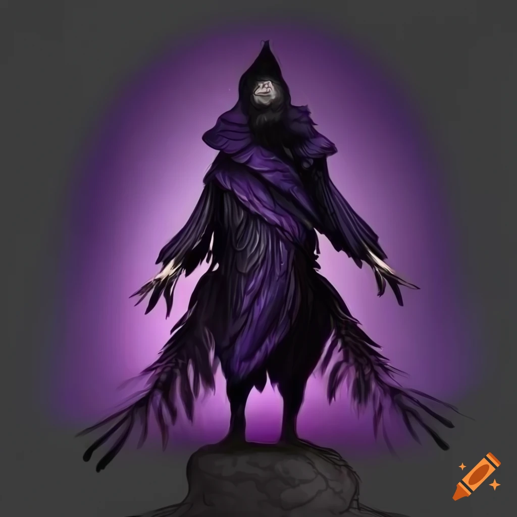Humanoid bipedal raven in monk attire with black and purple feathers