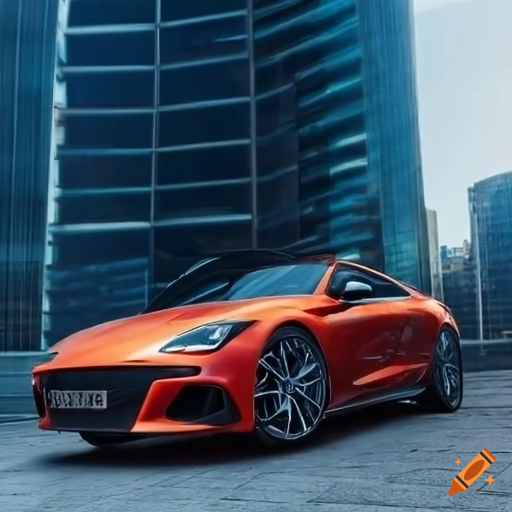Sportive car in front of a modern skyscraper on a sunny day