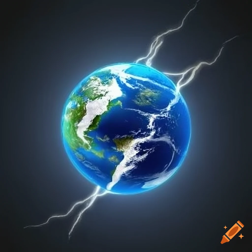 Earth encircled by bolts of lightning in a logo design