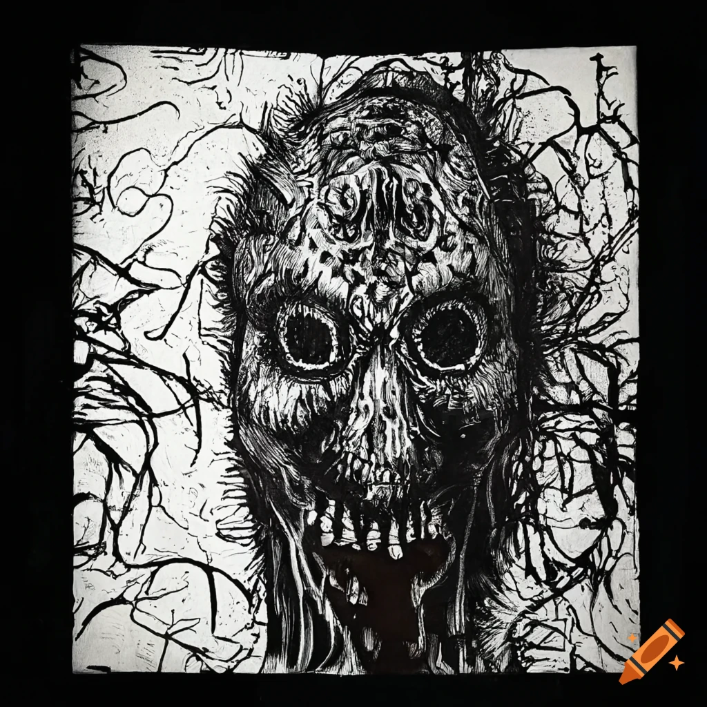 Intricate black, red, and white ink drawing of a tormented ghost overwhelmed by anxiety