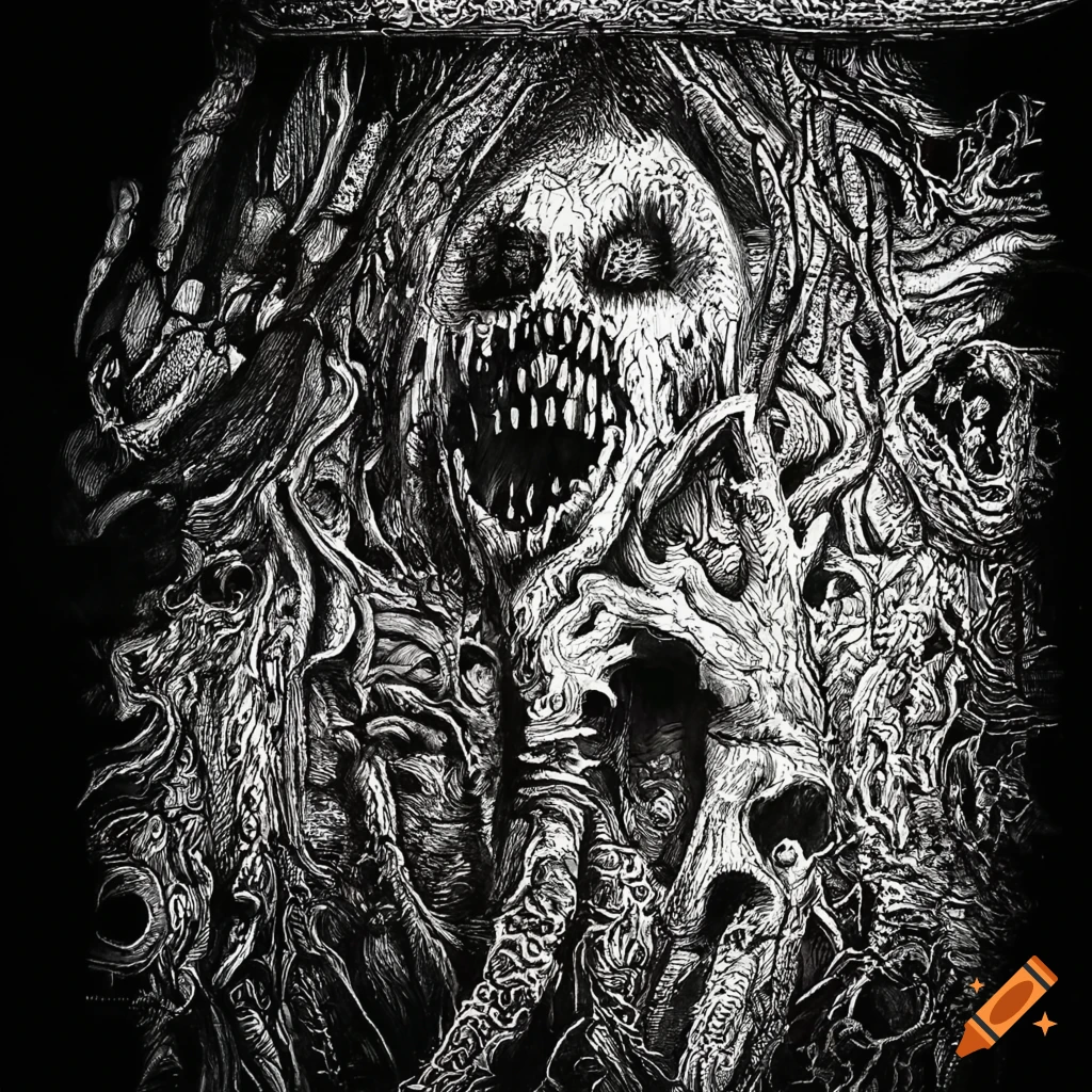 Intricate black, red, and white ink drawing of a tormented ghost consumed by anxiety