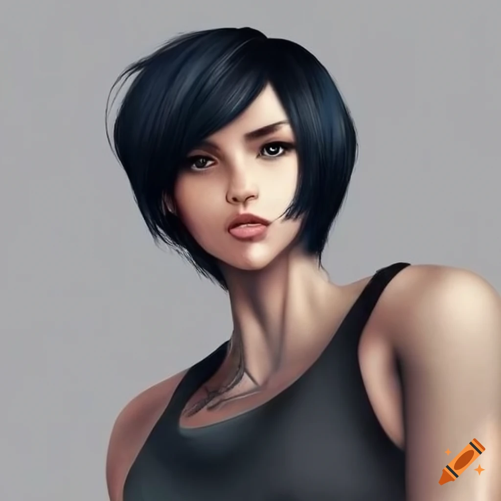 Woman with short black hair and strong biceps in a sleeveless shirt