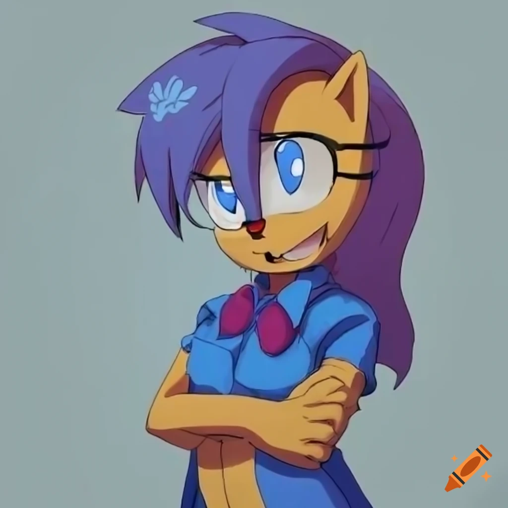 Character in side profile wearing royal blue shirt and glasses