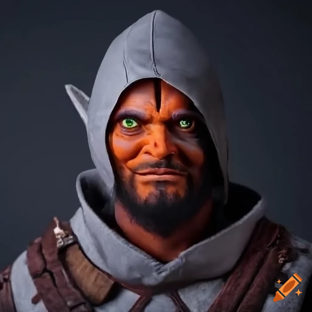 Hooded hobgoblin rogue with orange skin and tusks resembling Blurg from Baldur's Gate 3
