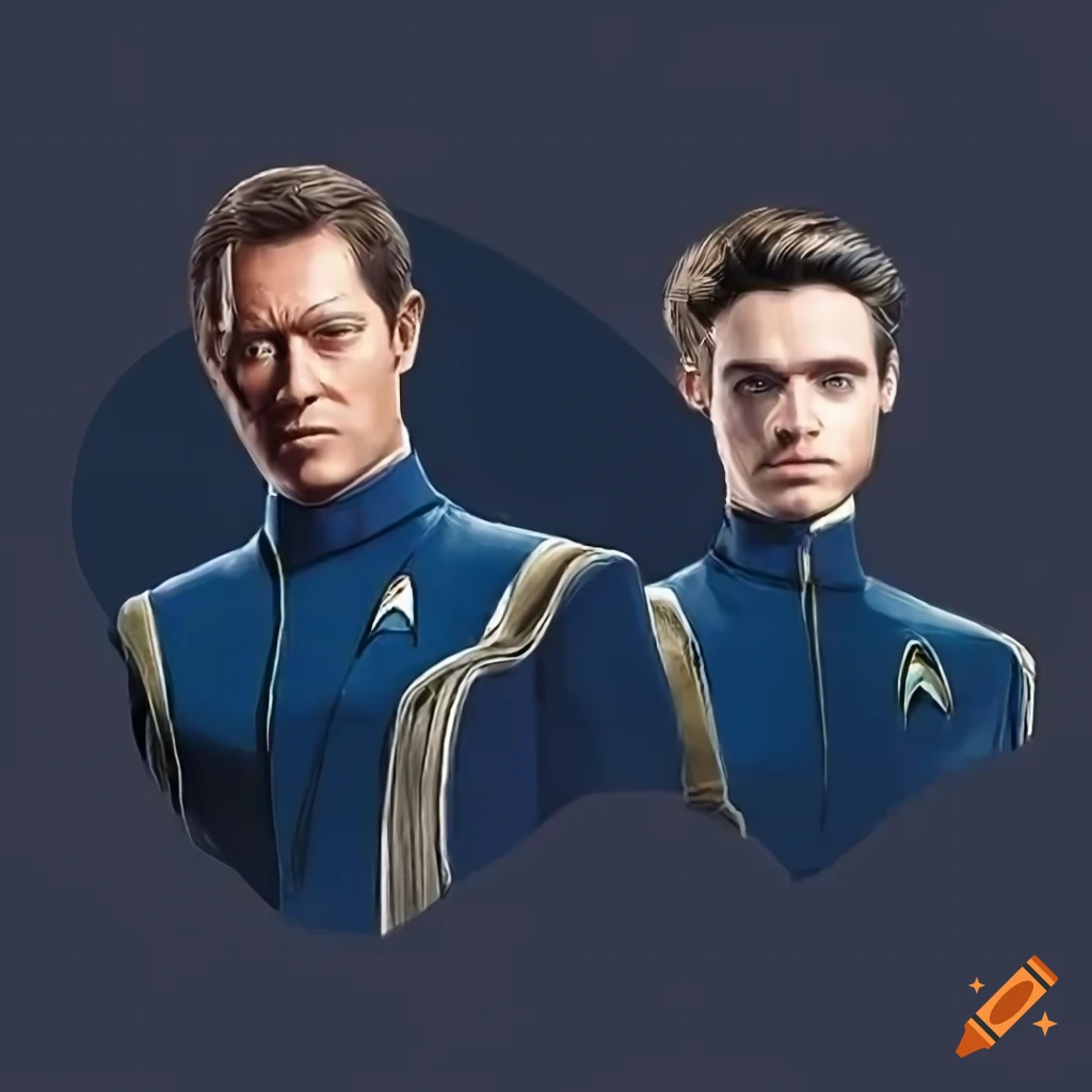 Three Star Trek heroes on an exotic moon adventure in the style of Star Trek Discovery movie poster art