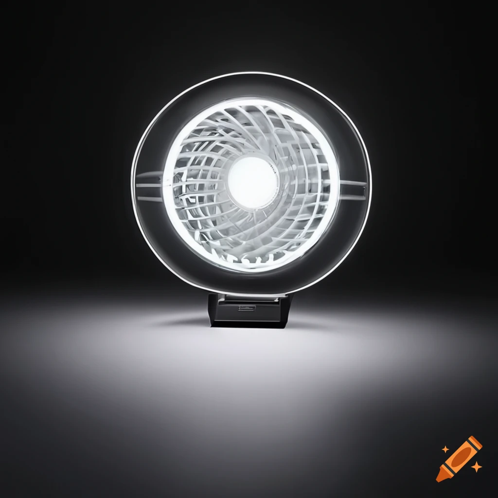 Futuristic black and white Bluetooth-controlled fan with LED lights