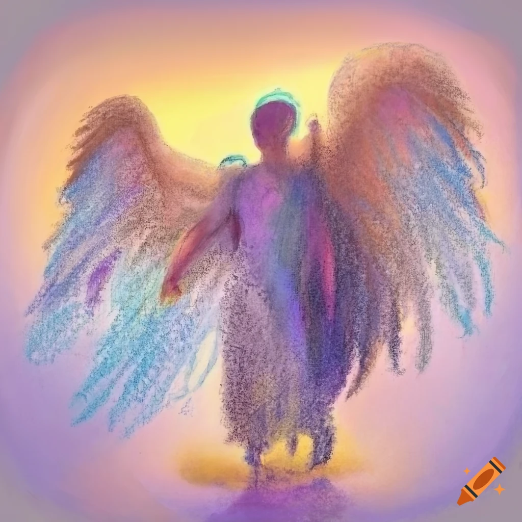 Man with guardian angel in mystical pastel drawing