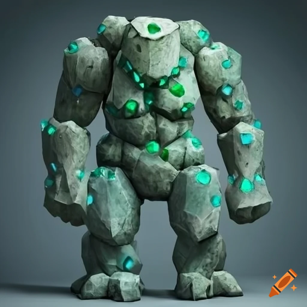Stone golem adorned with large emeralds