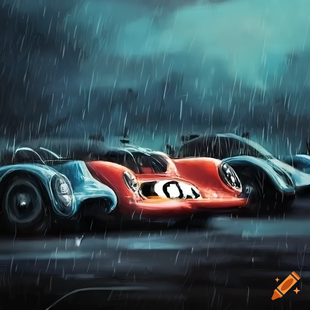 Le Mans oldtimer racing scene in pouring rain under overcast skies