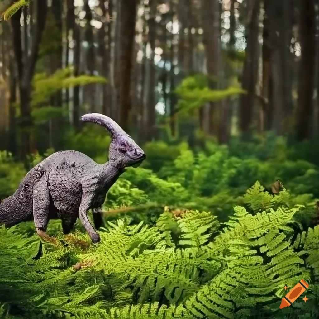 Detailed parasaurolophus in a lush forest clearing with fallen trees and ferns