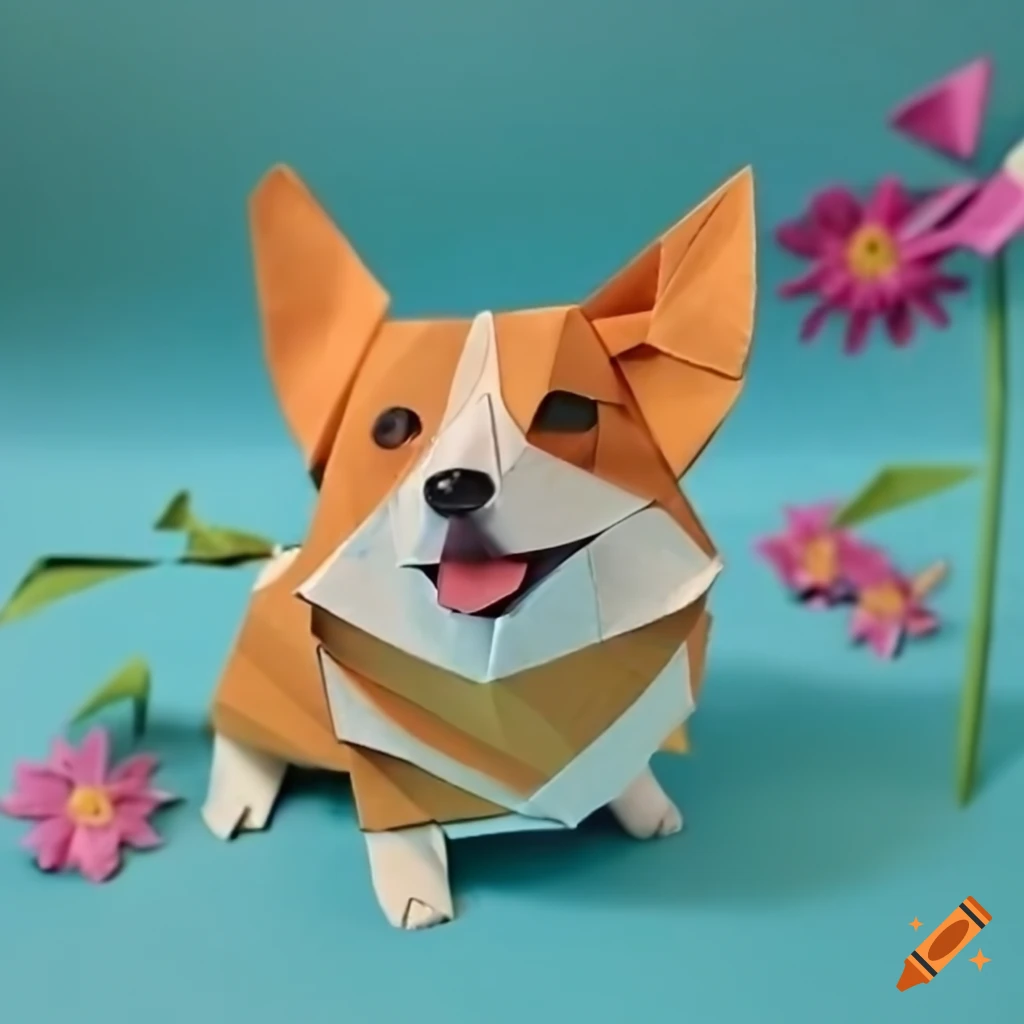Corgi surrounded by flowers in an origami setting