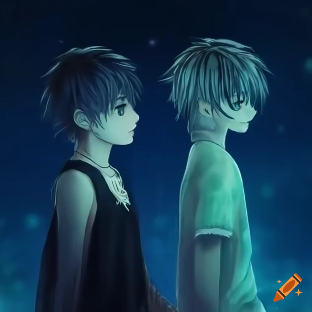 Bamboo forest under the moonlight with two blonde boys