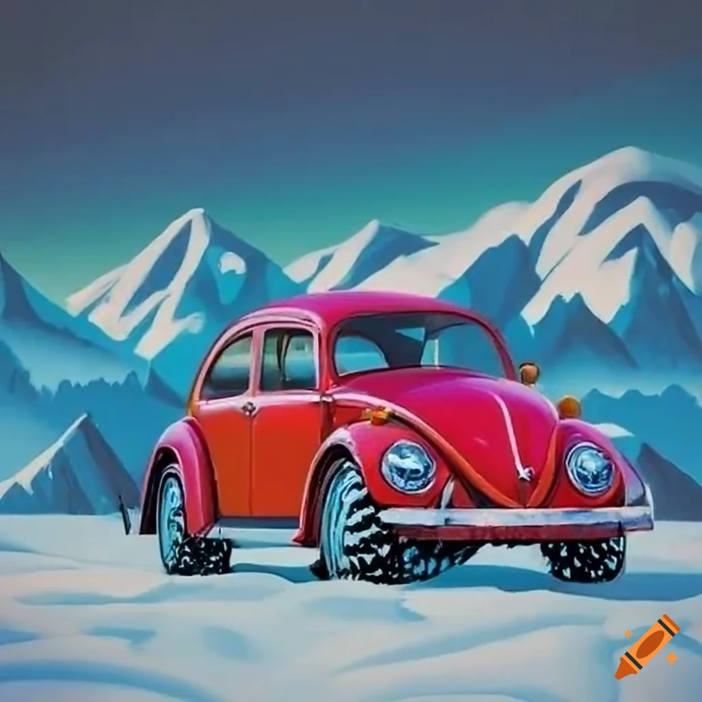 Red VW Beetle cruising through snowy mountains in American folk art style