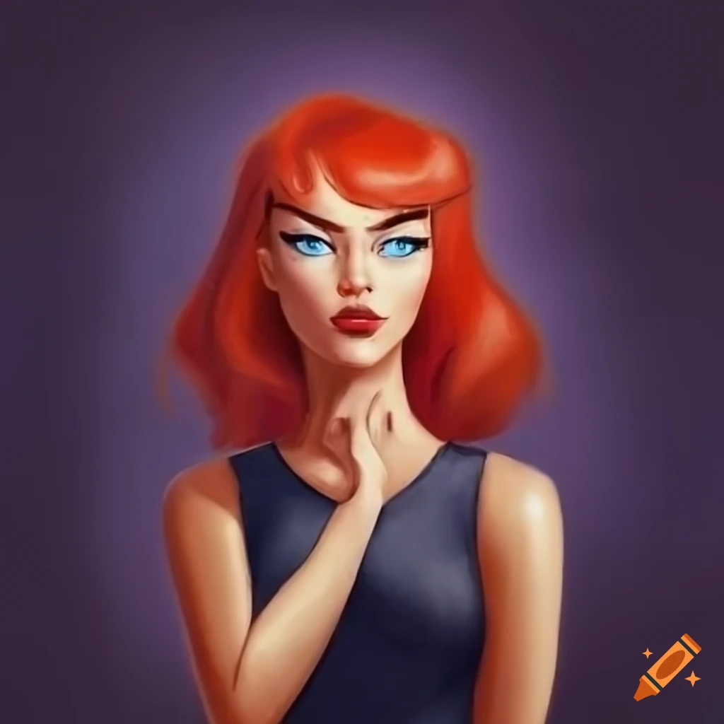 Barbara from Batman Animated Series with red hair, ice-blue eyes, in dark gray sleeveless t-shirt