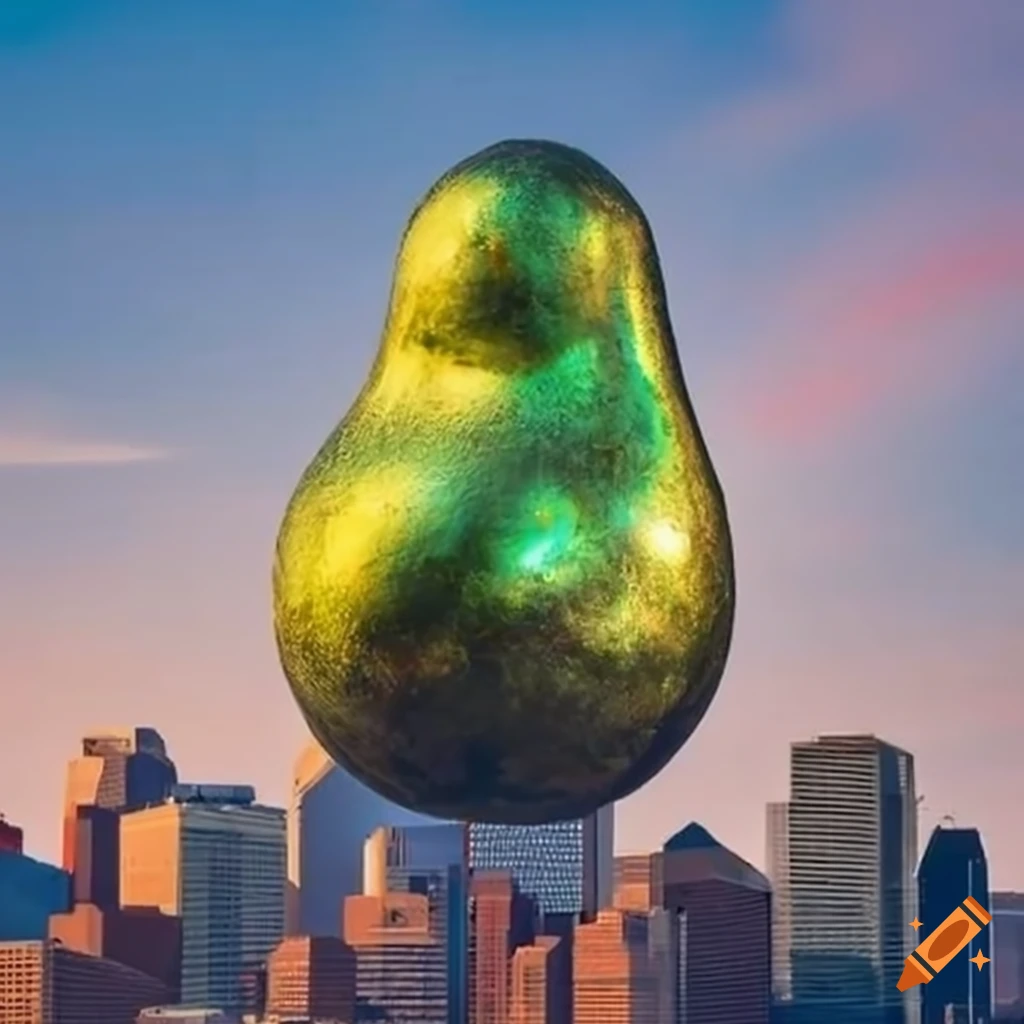 Gigantic metallic avocado sculpture descending over Denver cityscape