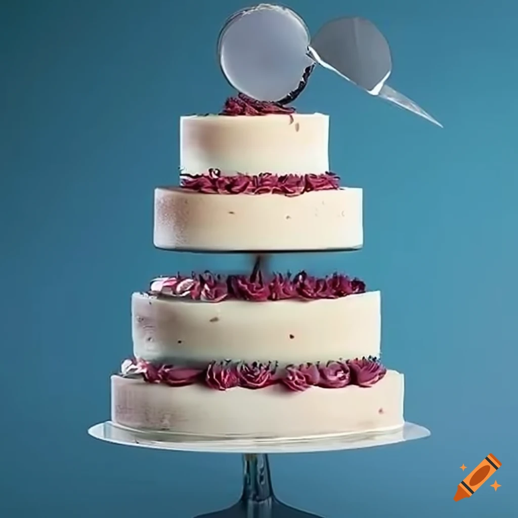 Multi-tiered cake display with central focal cake and surrounding satellite cakes on individual stands
