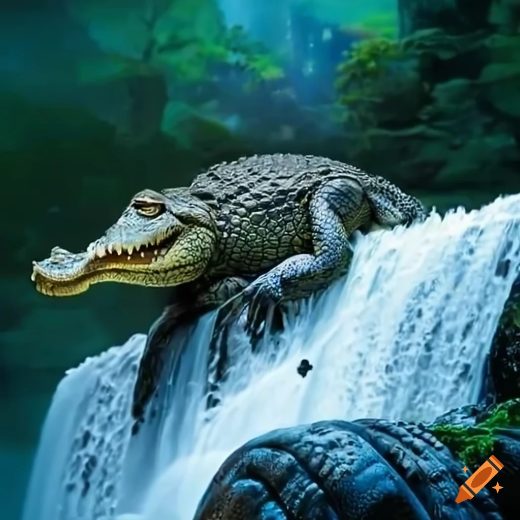 Fierce crocodile atop a waterfall