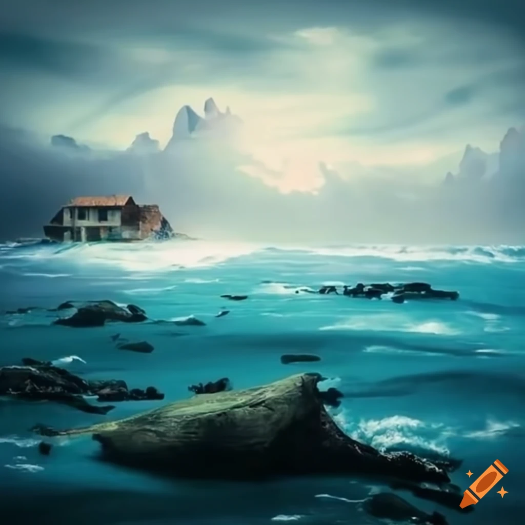 Ruined village on seashore during a storm