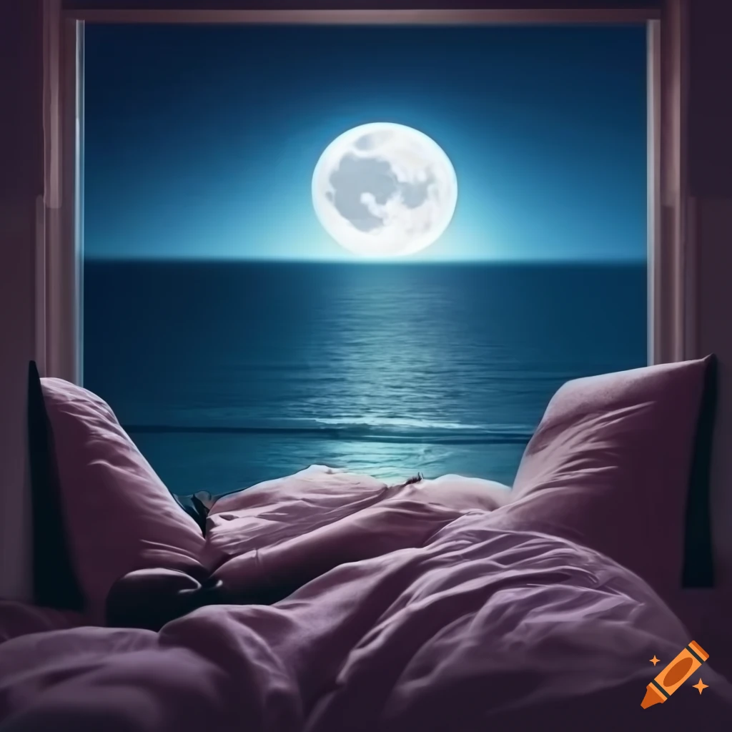 View of moonlight in a bedroom with ocean glimpse through windows at night