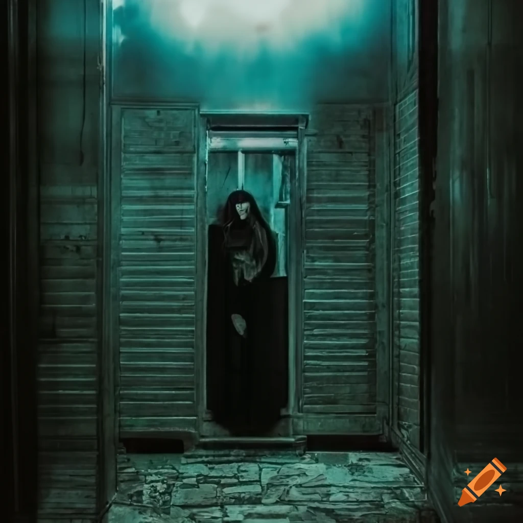 Interior of an old, dimly lit elevator with eerie atmosphere