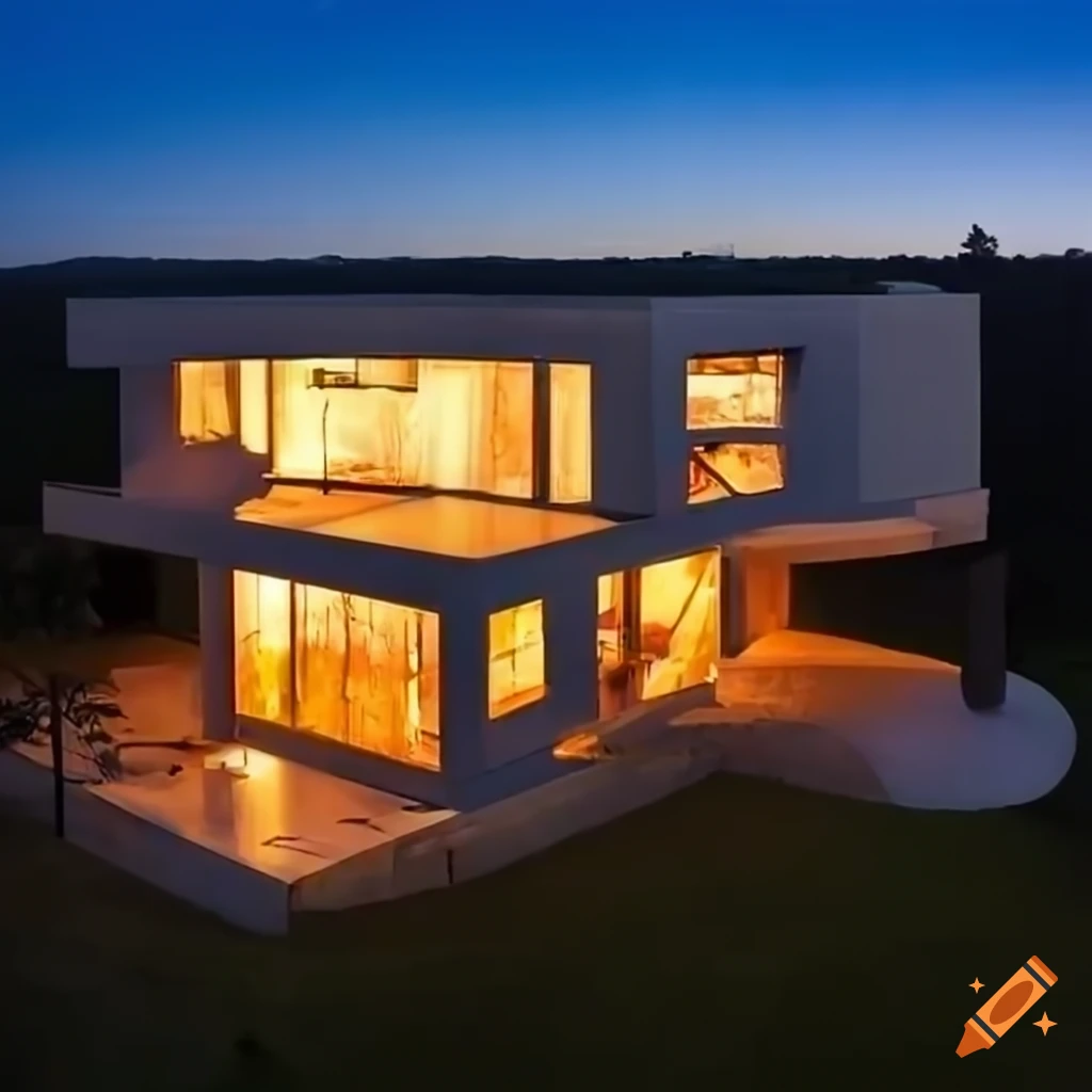 Impressive architectural wonder: modern house ascending cliff at sunset