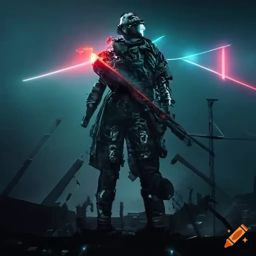 Futuristic battlefield with crowd fighting with lasers