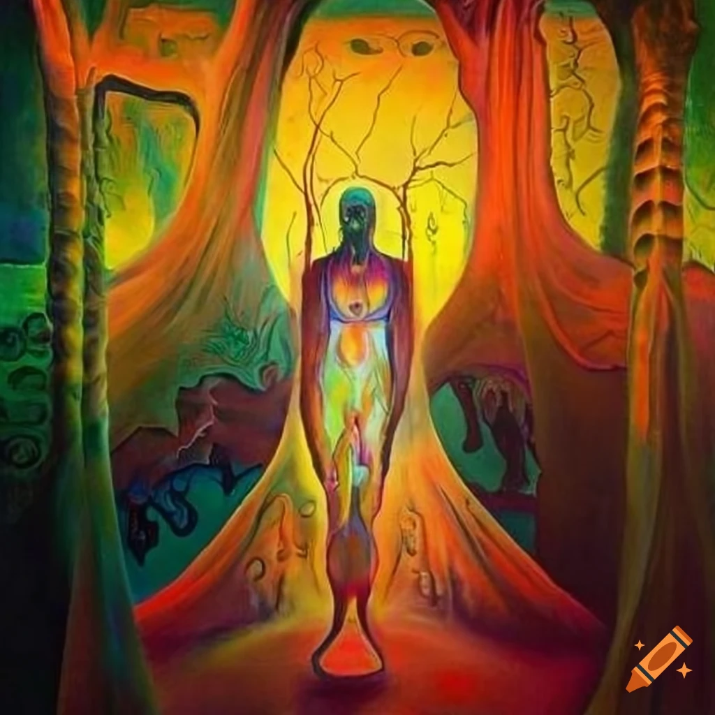 Sacred path with three people walking, sky, forest, and animals watching, inspired by various artists