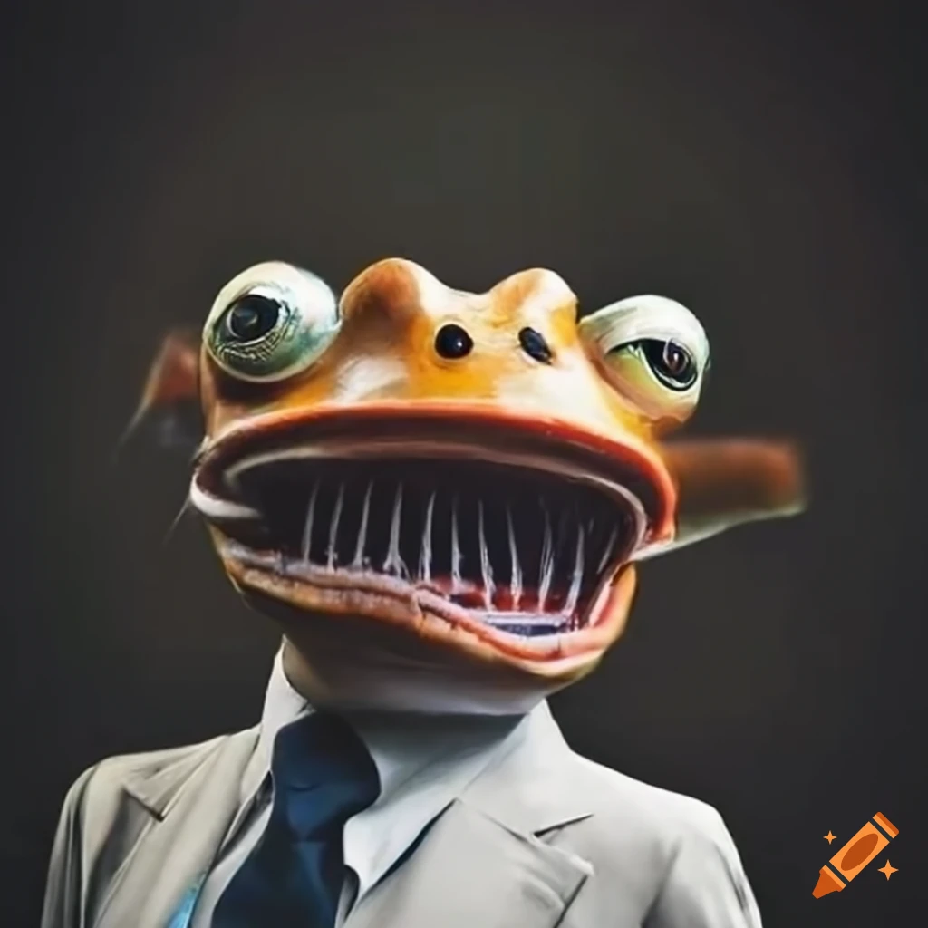 Frog-headed man in a suit skateboarding with flying cows in a surreal art style
